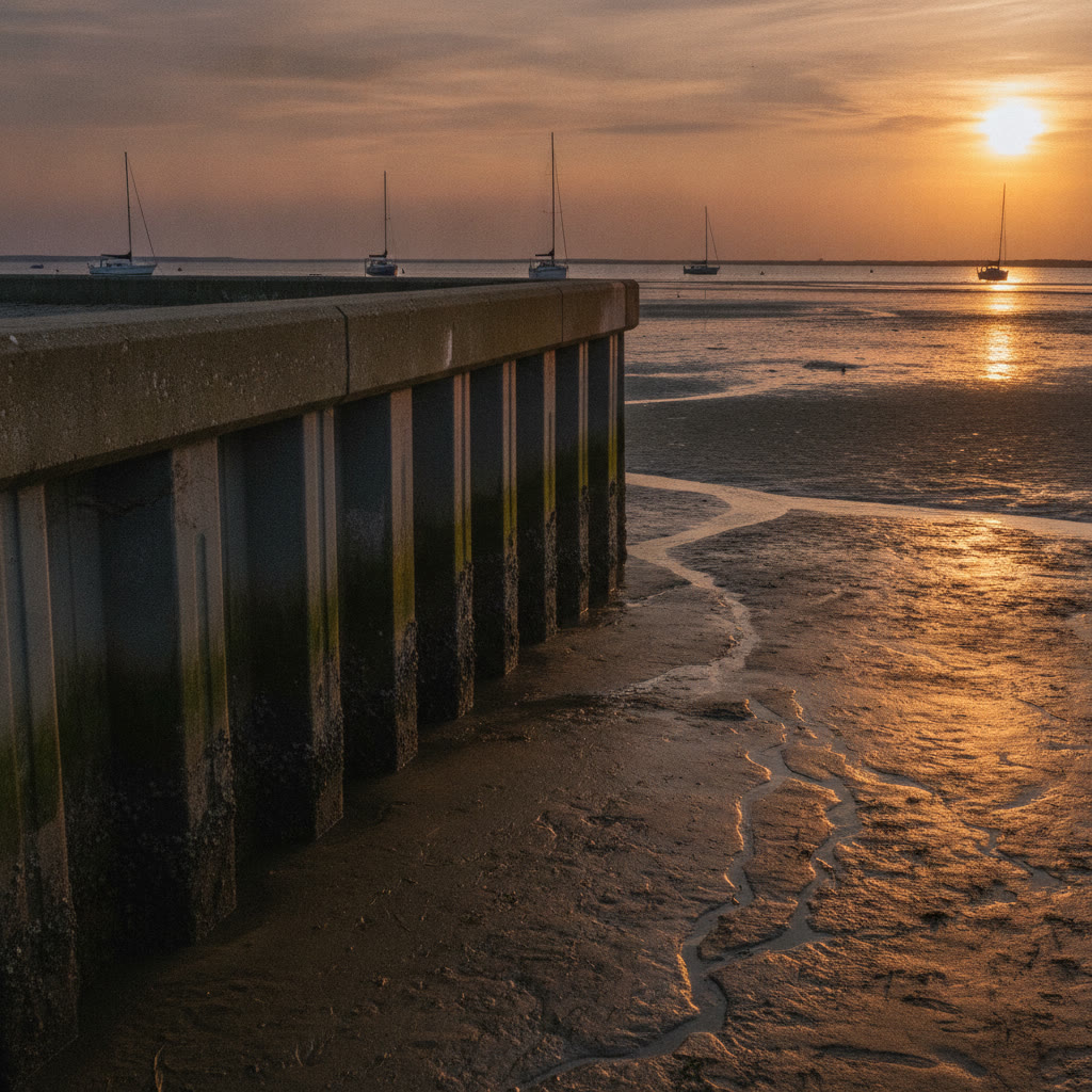 A waterfront bulkhead and cap at low tide in late afternoon light
